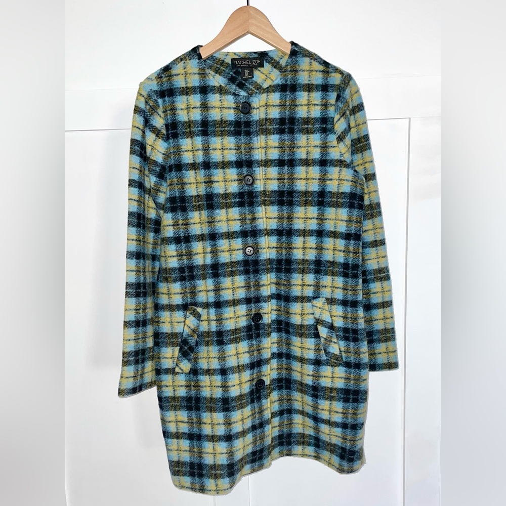 RACHEL ZOE // Wool Plaid Women's Collarless Coat - Blue and Yellow size Small